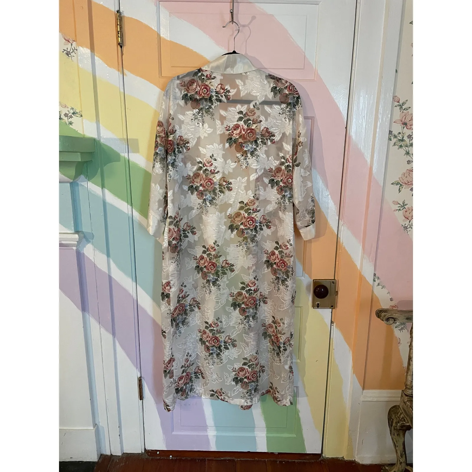 Vintage Kathryn Sheer Floral Lace Kimono Robe Duster Cover Up Satin Size Small - Image 5