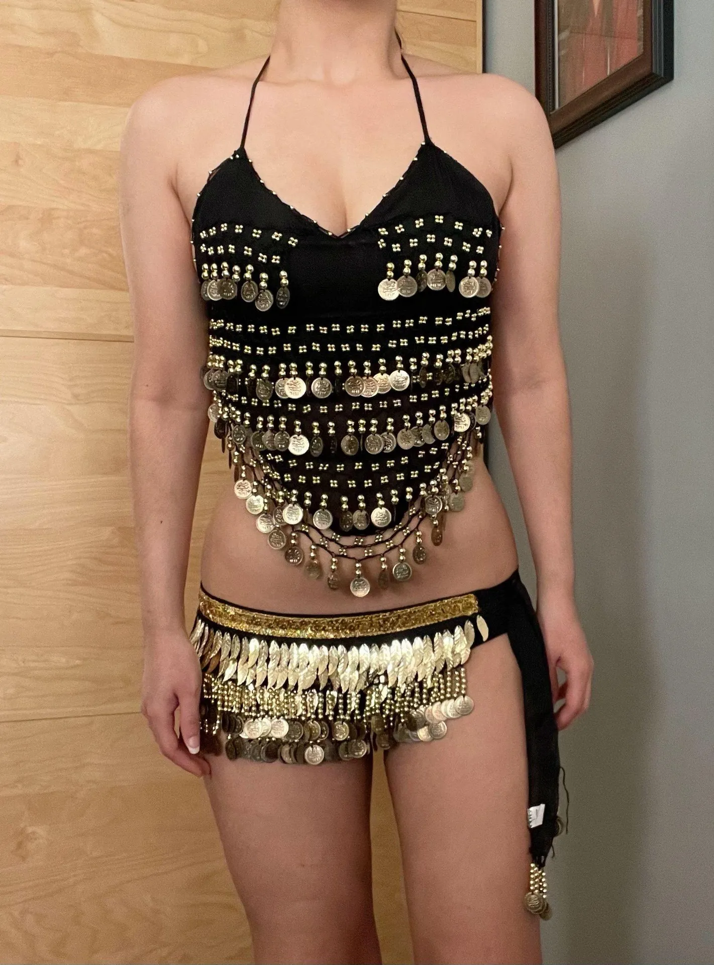 cute sexy belly dancer backless dangling fringe coin chiffon gold Halloween costume - Image 2