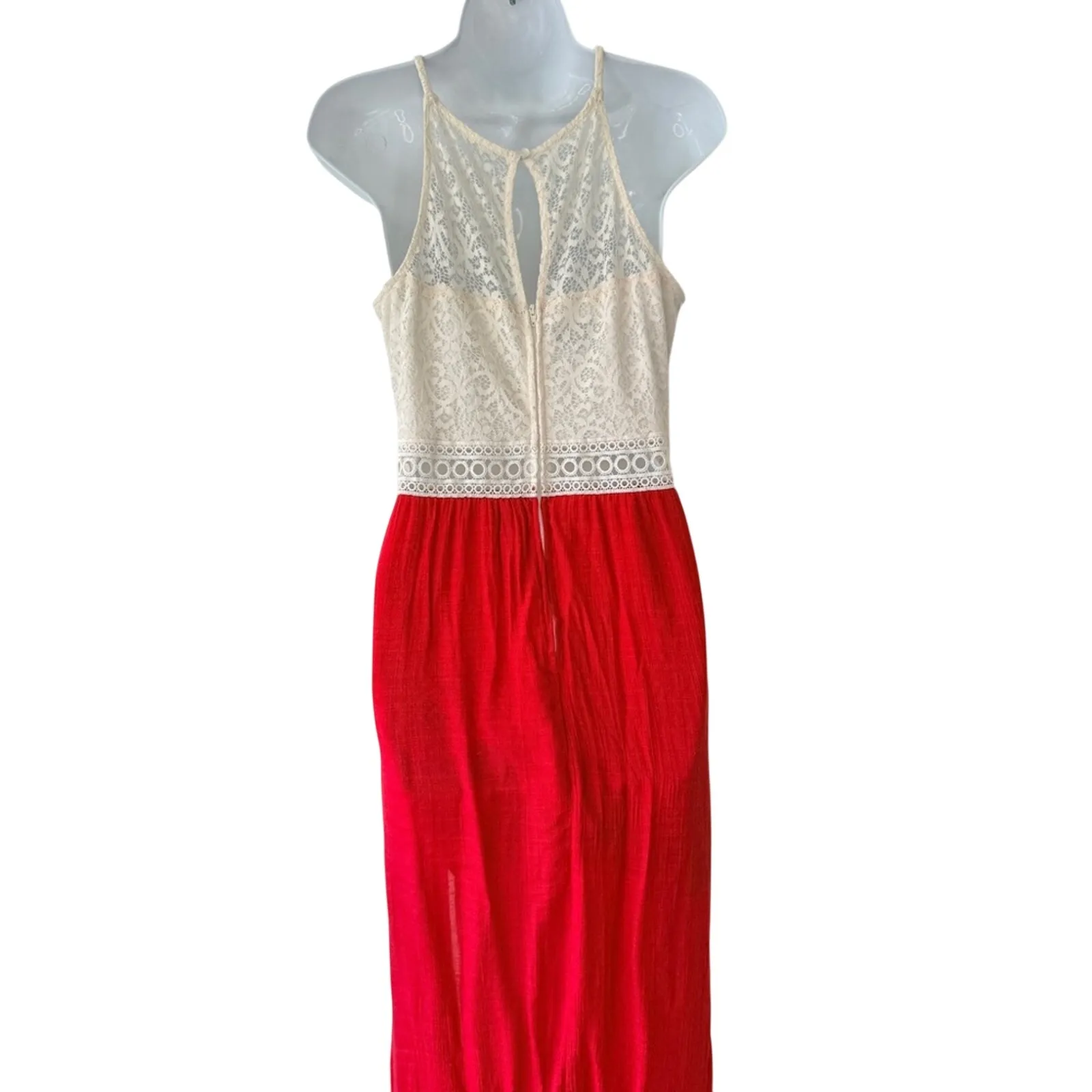 BCX Red Cream Lace Gauze Racerback Maxi Dress Party Formal Wedding Guest size 11 - Image 5
