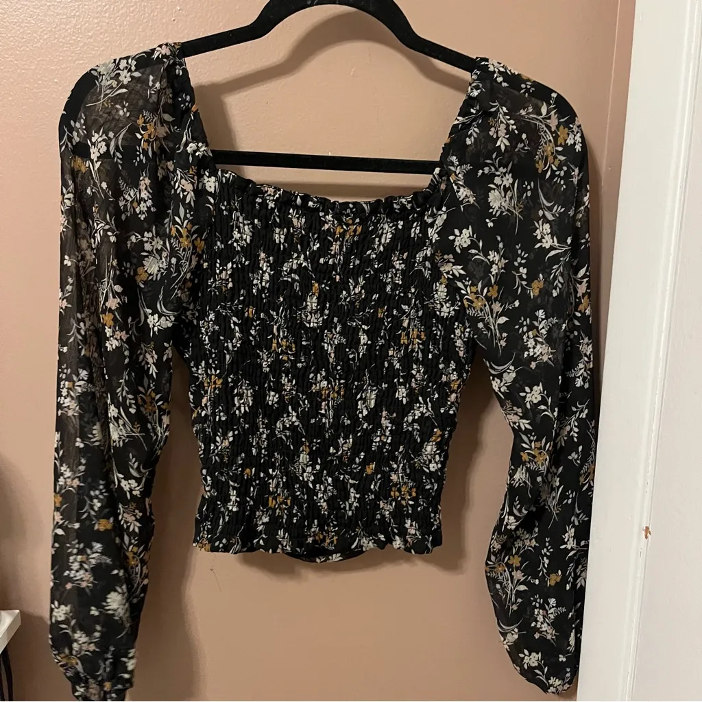 All in Favor Floral Print Ruched Black Mesh Long Sleeve Top - Image 3