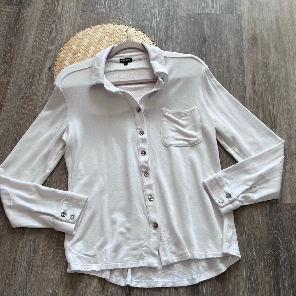Bleusalt white classic button‎ down shirt w/ elbow patch detail - Image 2
