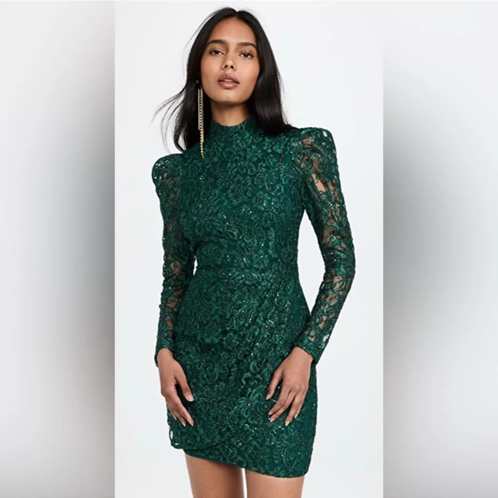 New! Black Halo Santorini Lace Sequin‎ Long Sleeve Mini Dress Green Sz 12 $415 - Image 2