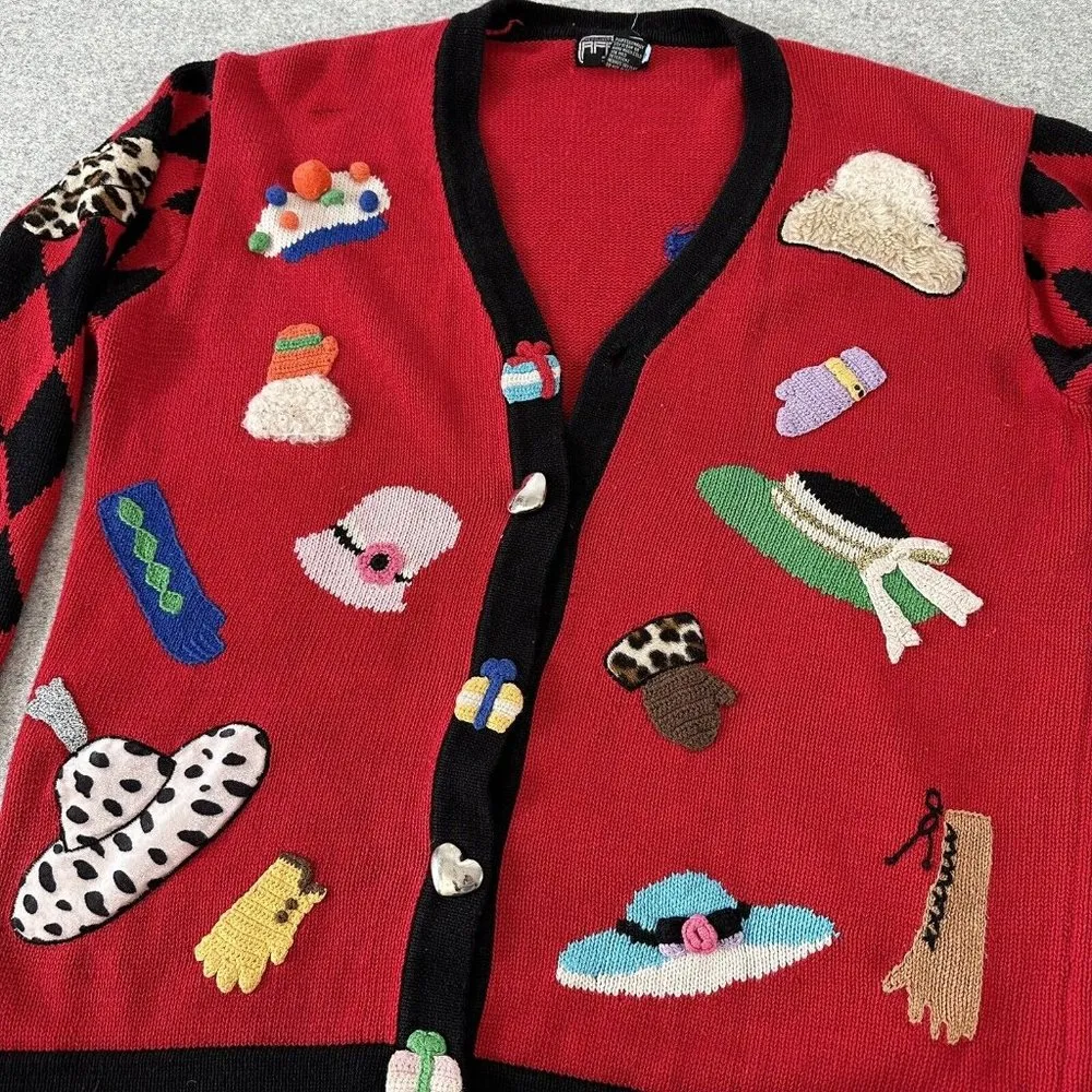 Vintage Berek Hand Knit Cardigan Sweater Womens Large Red Cat Hats Argyle - Image 9