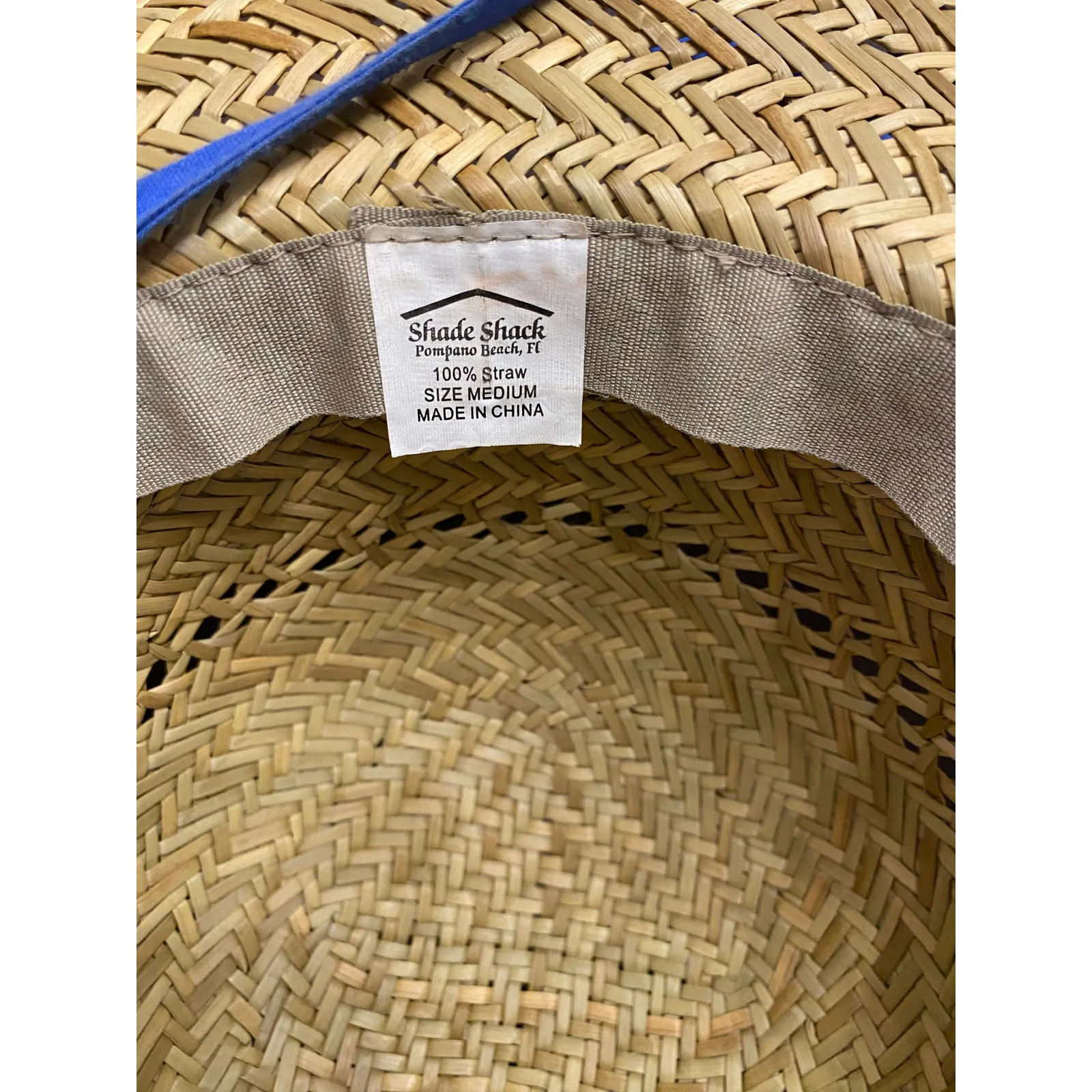 Shade Shack 100% Wide Brim Straw Sun Hat Size Medium Blue Band Chin Cord Lanyard - Image 7