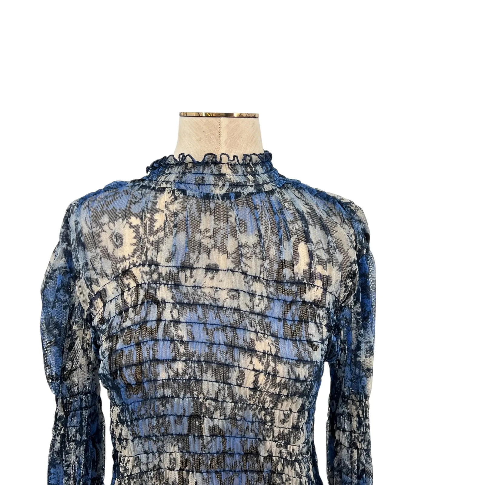 Free People Hello There Top Blouse Smocked Flare Sleeve Mesh Floral Blue Large‎ - Image 5