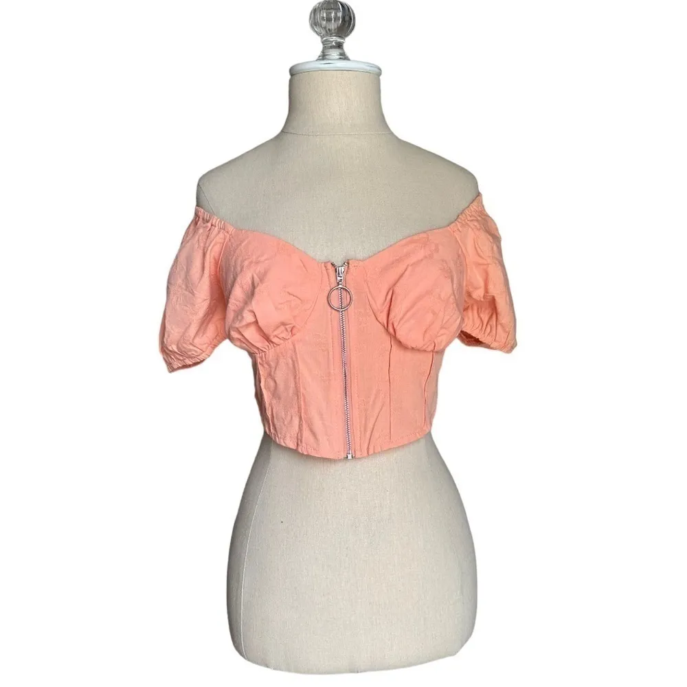 Cider Solid Peachy Orange Zipped Blouse Cropped Zipper Front Corset Top Small - Image 7