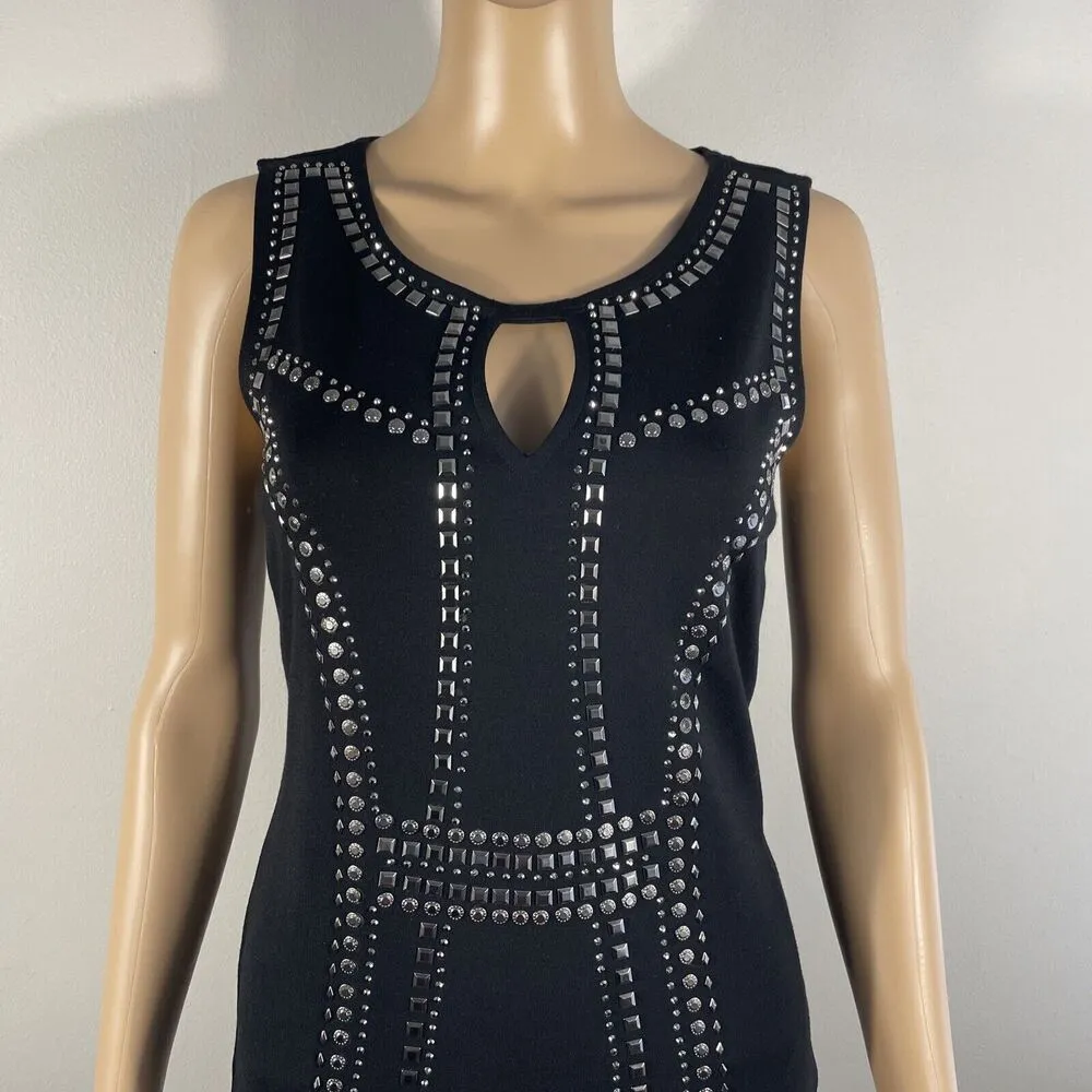 CARMEN MARC VALVO Sheath Dress Womens XS Black Silver Studded Ponte Knit Keyhole - Image 2