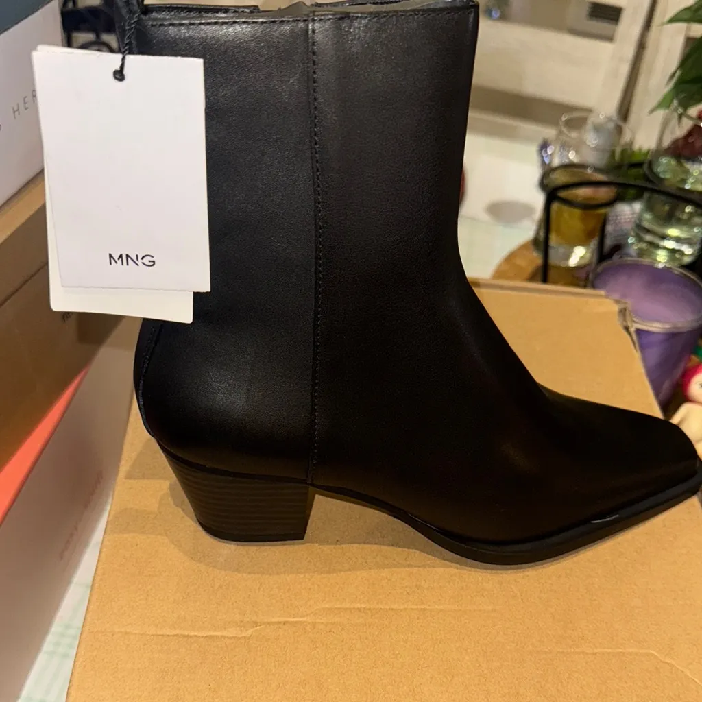 Mango Women's Block Heel‎ Leather Short Boots Black - Image 10