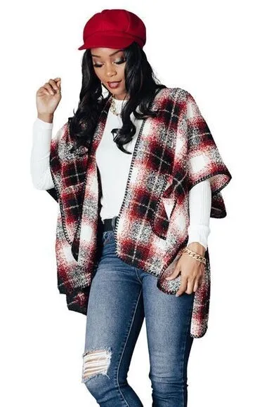 Boutique Red Black White Tan Plaid Poncho Sweaters One Size - Image 1