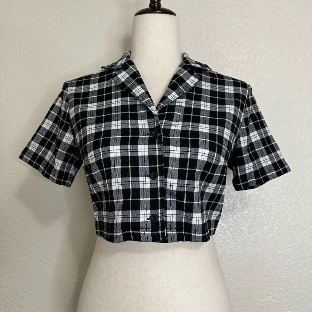 Brandy Melville John Galt Black White Plaid Button Down Cropped Top, Sz Small - Image 3