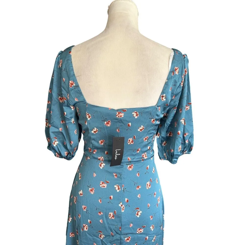 Lulus Gorgeous Days Blue Floral Satin Puff Sleeve Midi Dress Keyhole Detail Sz S - Image 7