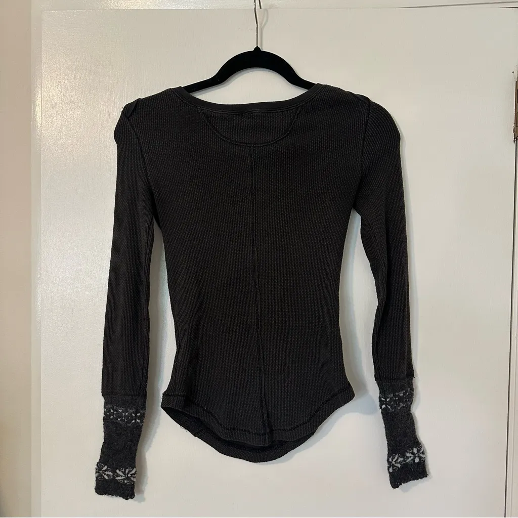 Free People Black Roses Jacquard Cuff Thermal Long Sleeve Top Womens XS - Image 8