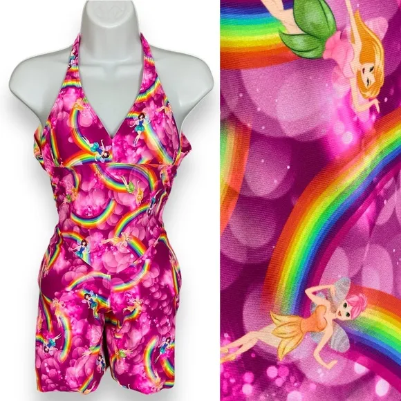Fairy Romper Rainbow Stretch Festival Rave Pink Women Open Back Psychedelic Vibe Size XS - Image 2