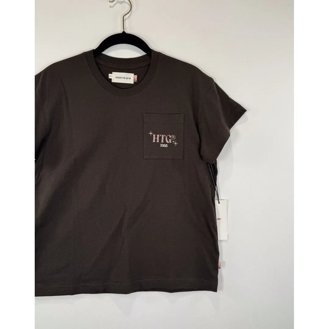 NWT Honor The Gift Women Shirt Brown Crewneck Graphic Short Sleeve Pocket Tee XS - Image 5