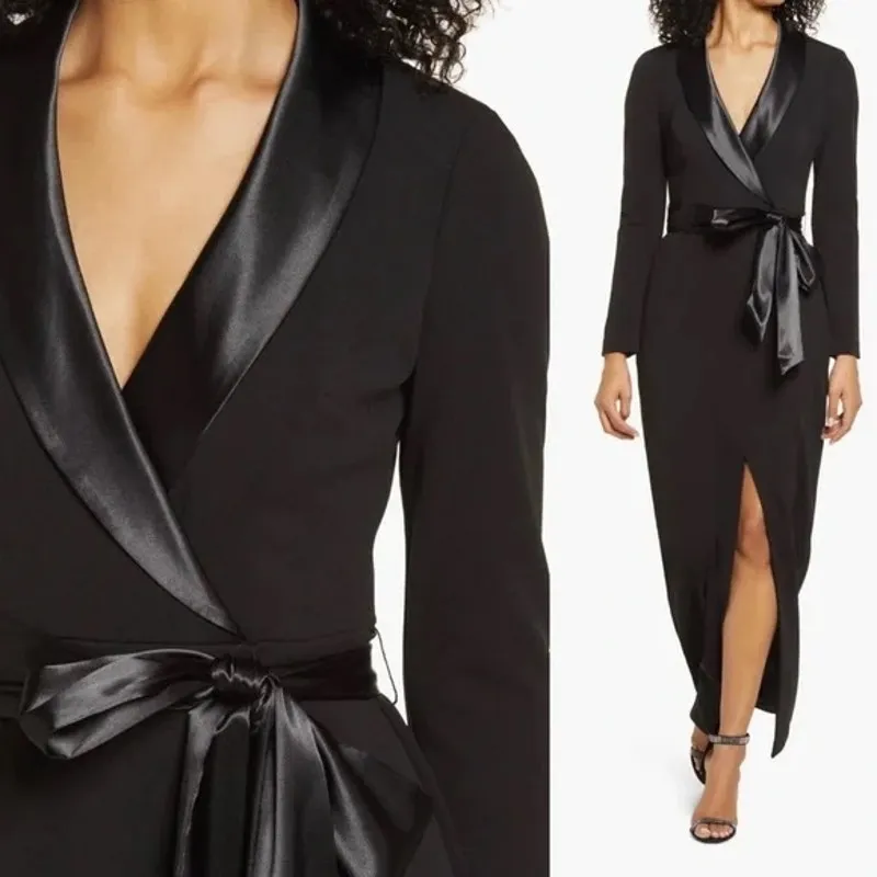 Eliza J Black Tuxedo Long Sleeve Cocktail Evening Formal Parry Wrap Gown Size 6 - Image 2