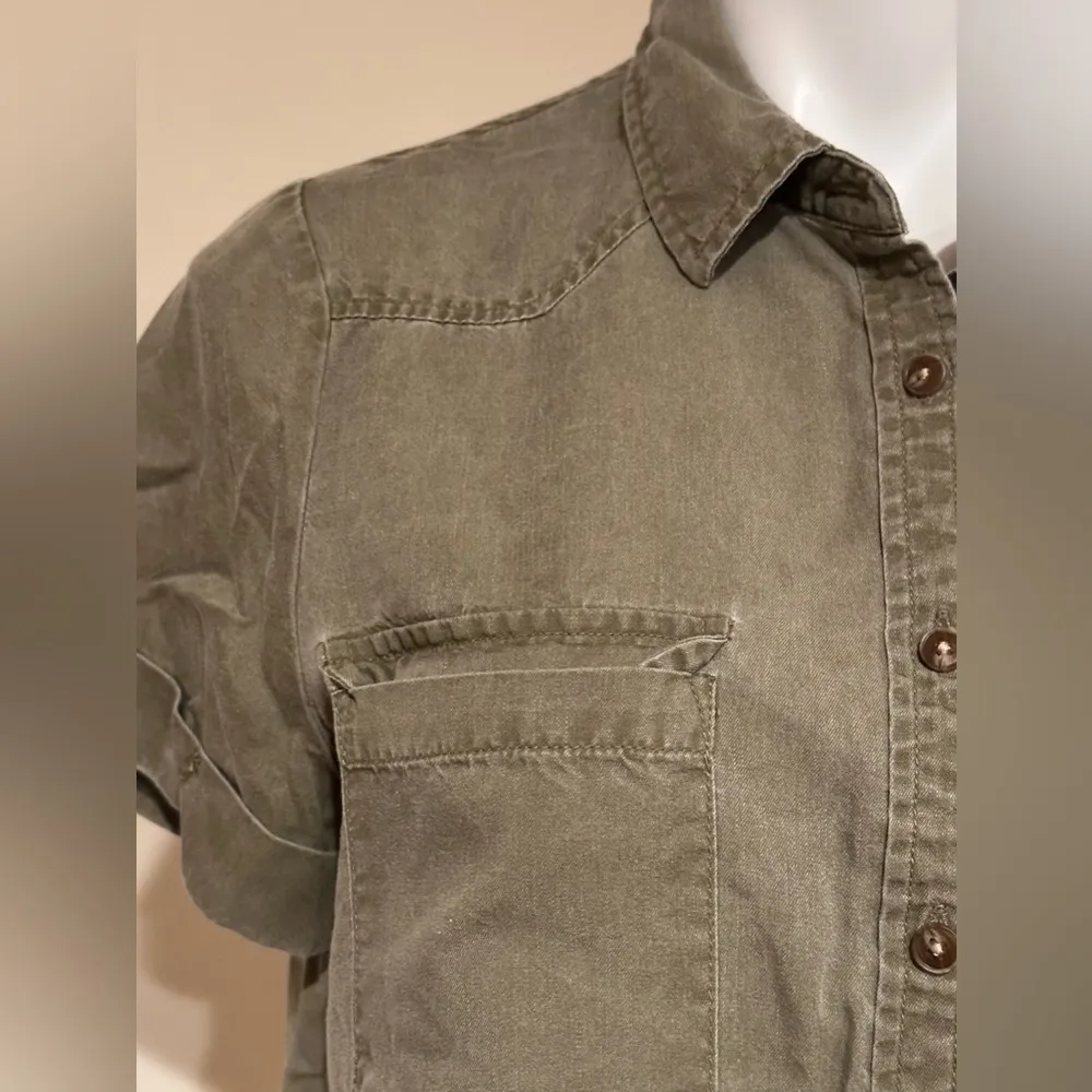 JANE + DELANCEY Olive Green Button Down Collard Cuffed Sleeves Casual Top Sz M Size M - Image 4