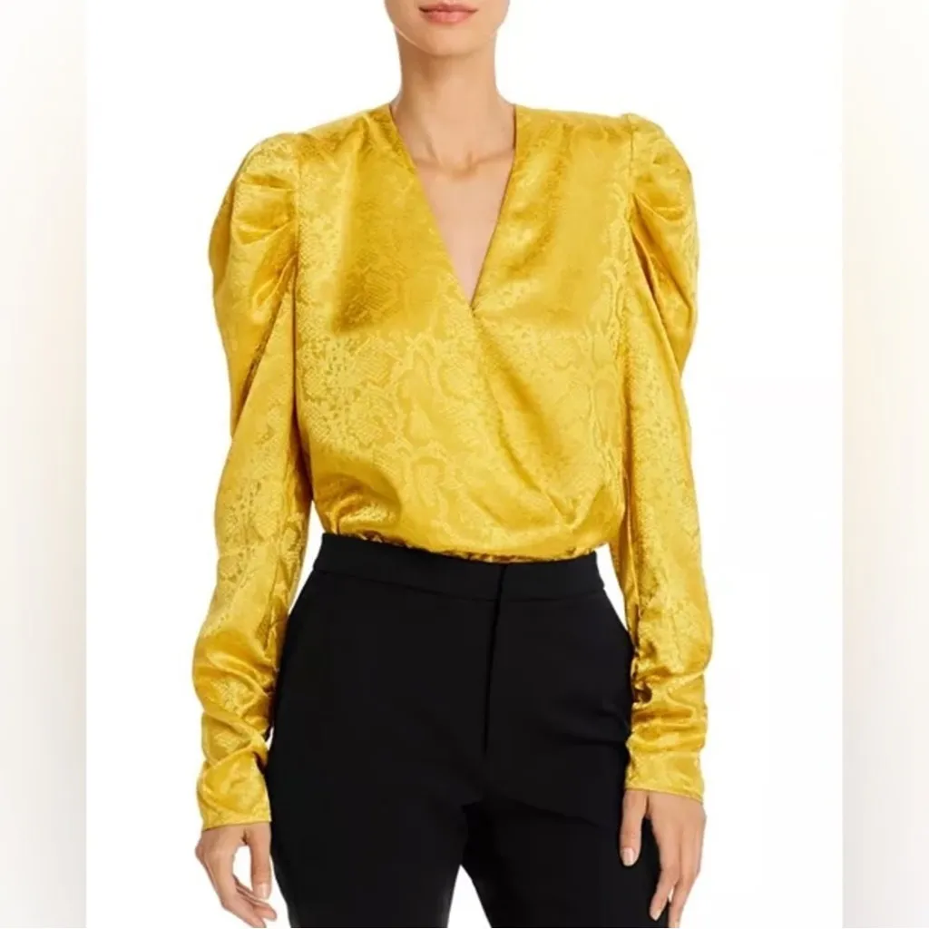 WAYF Sav Yellow Gold Snake Print Bodysuit Low Cut Long Puff‎ Sleeve Medium New - Image 8