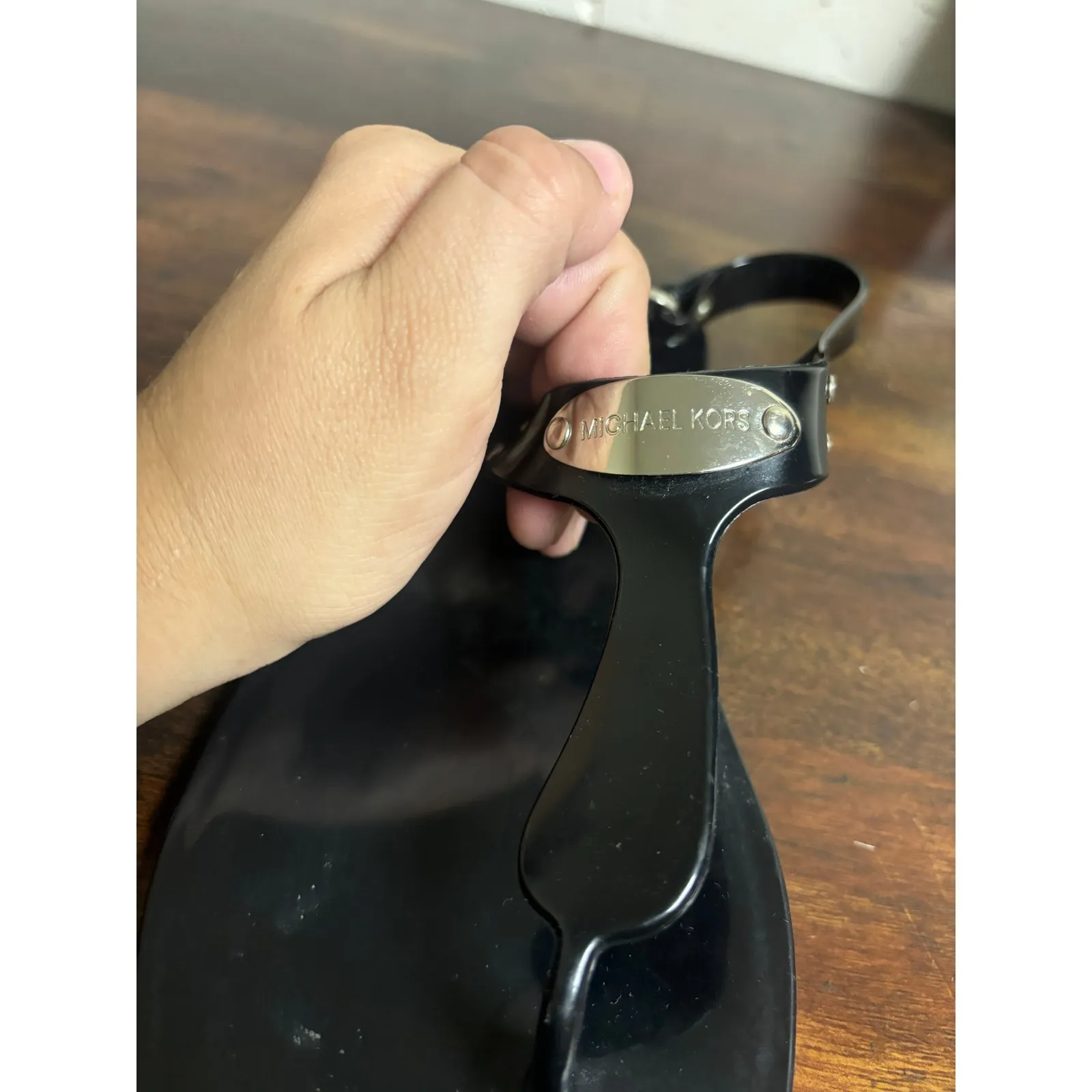 Michael Kors Black  Thong Sandals with Silver Logo Detail – Approx Size 7 DIRTY - Image 4