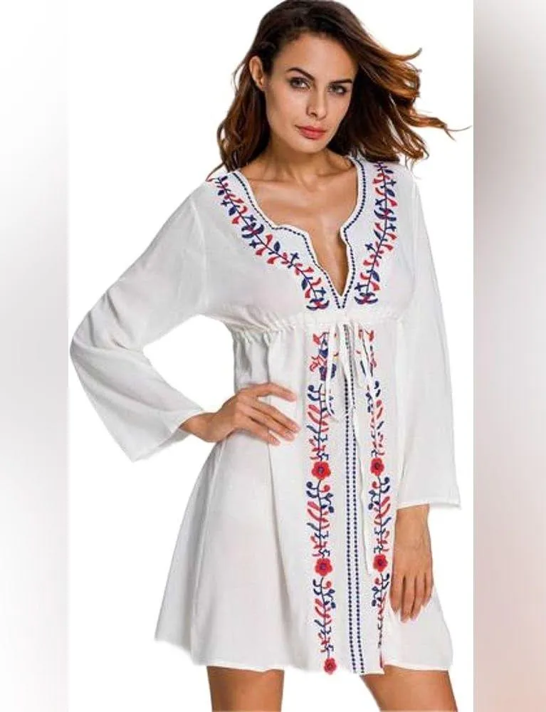 Boho Embroidered Tunic Dress OS/L Floral Plunge Neck Tunic Swim Coverup Kaftan White Size L - Image 10