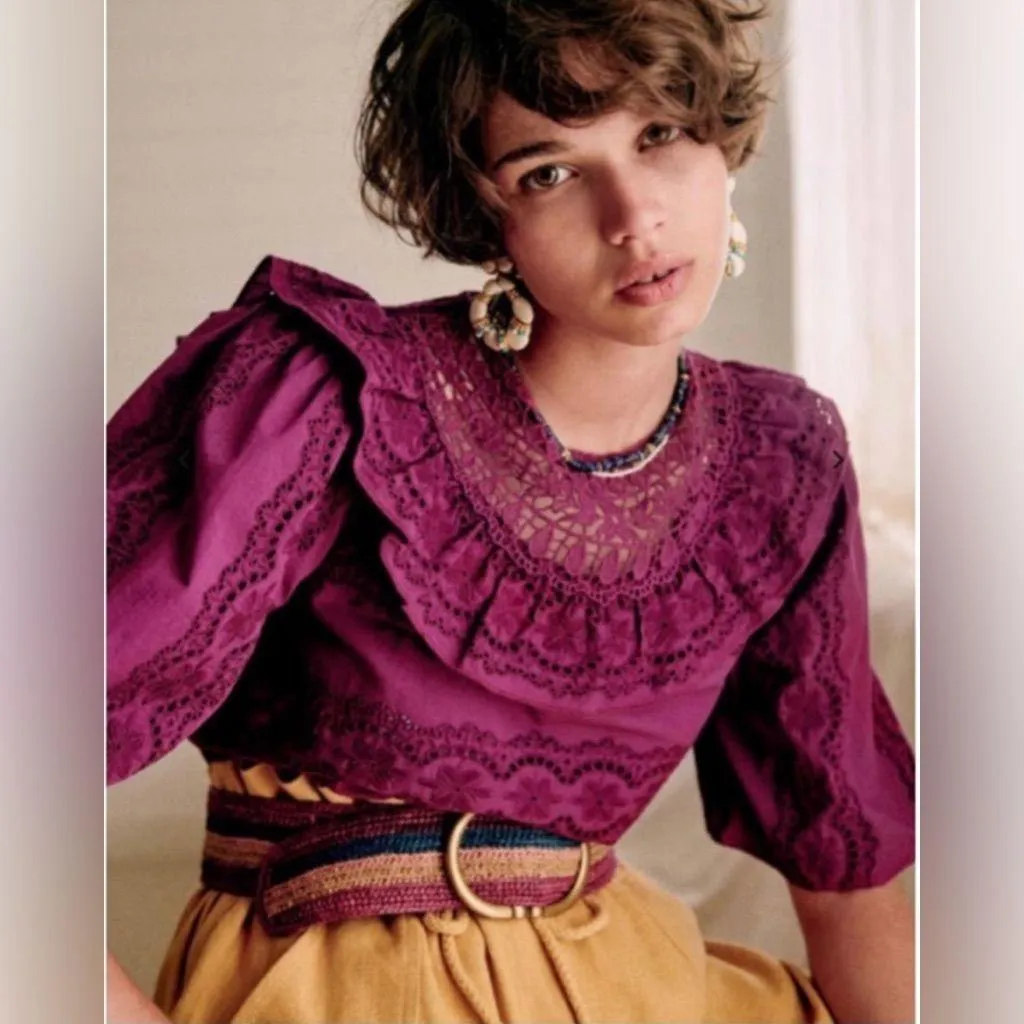 Sezane Elsa Blouse Eyelet Embroidered Ruffled Openwork in Purple Violet sz36/US4 - Image 2