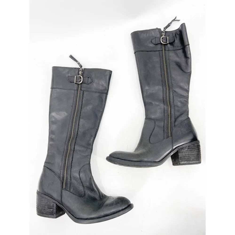 Born Fannar Black Leather Knee High Side Zip Block Heel Riding Boots Size 7M - Image 36