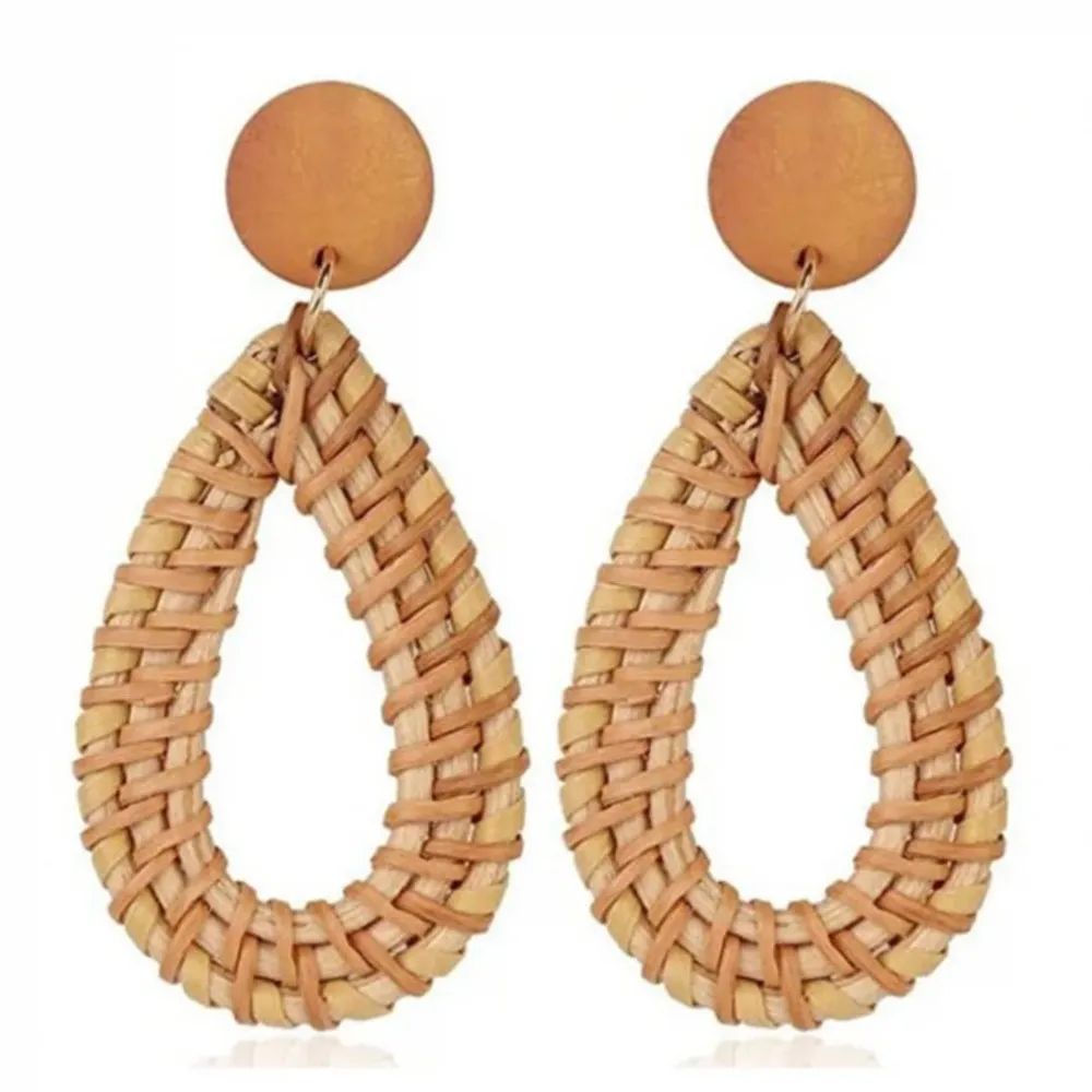 Rattan Teardrop Shape Wooden Drop Boho Earrings Tan - Image 3