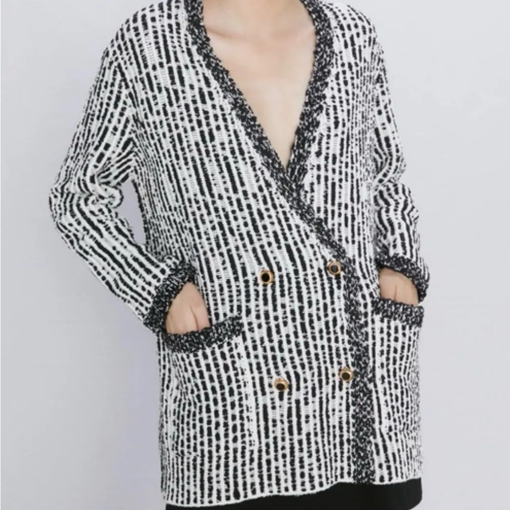 Zara Structured Knit Bloggers Favorite Black and White Blazer Jacket Oversized M - Image 4