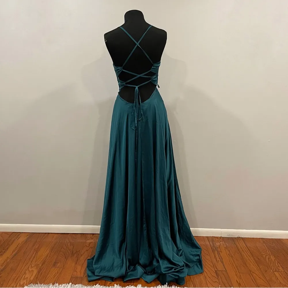 La Femme 28571 Teal Strappy Back Satin Gown 4 - Image 8