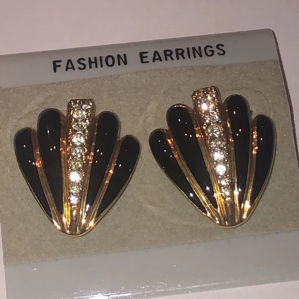 Vintage Black Enamel and Gold Tone CZ Rhinestone Retro Fan Earrings - Image 2