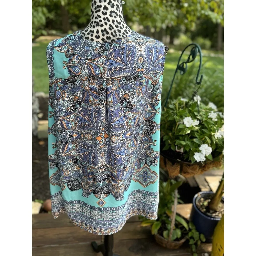 Cynthia Rowley Chiffon Boho Floral Sleeveless Tunic Top Pleated Plus 2X - Image 3