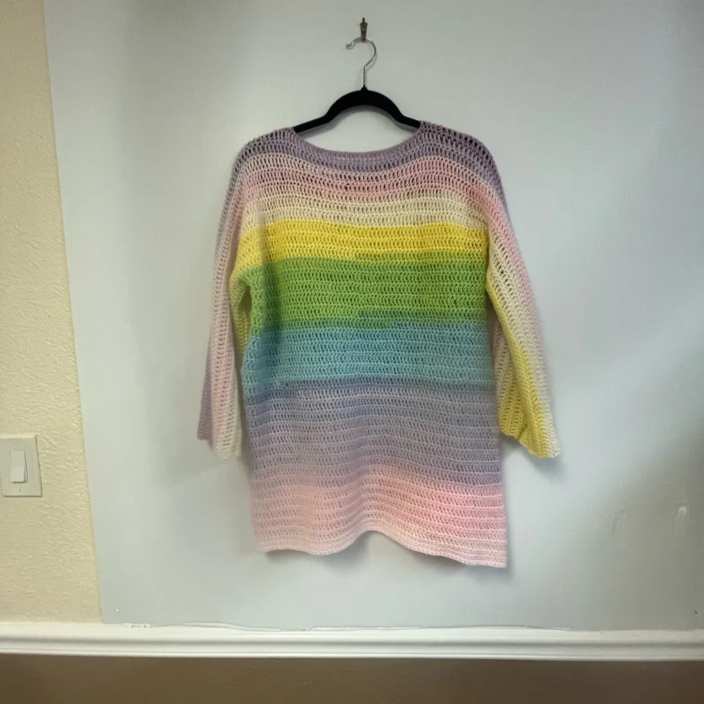 Rainbow Stripe Crochet Sweater‎ with flared sleeves oversized cozy Girly knit Size L - Image 2