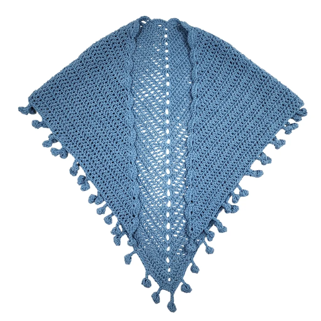 New Handmade Crochet Triangle Shawl Blue Pom Pom Wrap Boho Chic Ponch Size undefined - Image 2