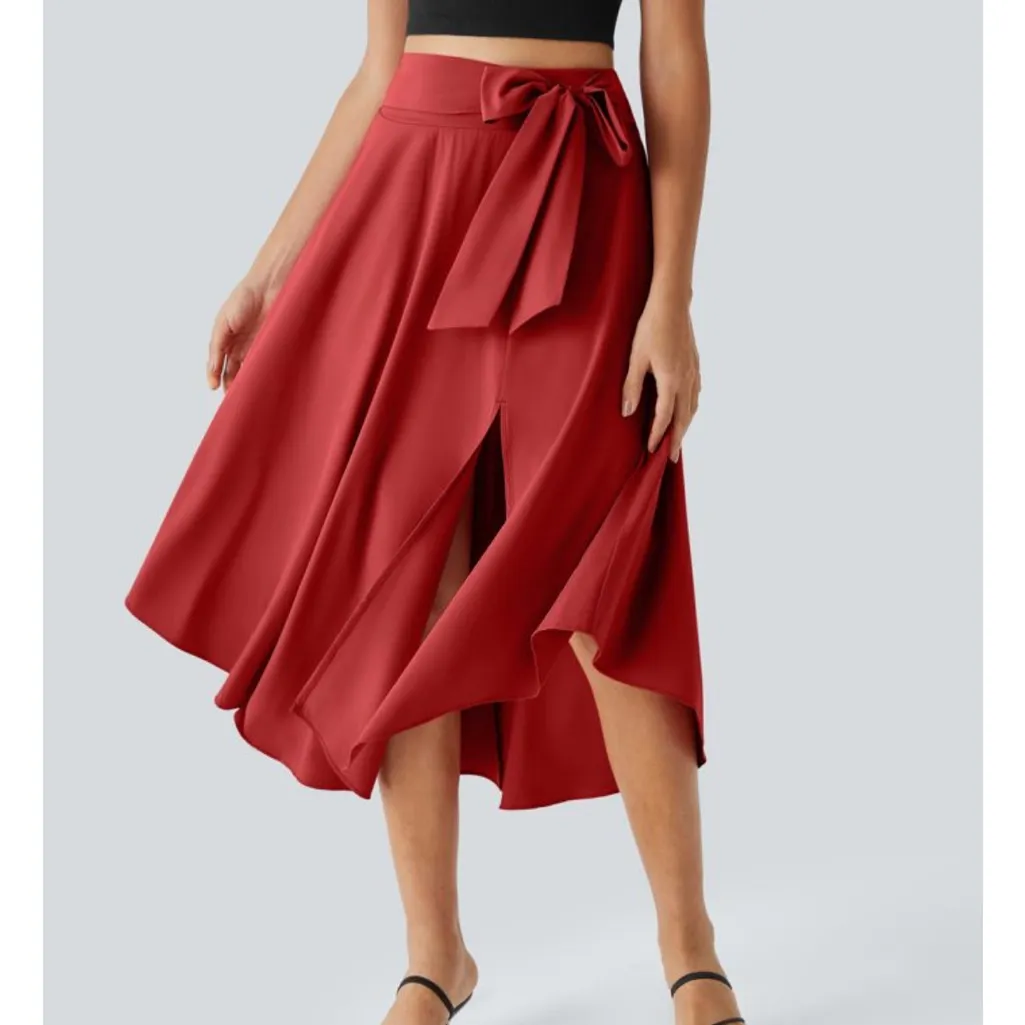 Halara Breezeful 2 in 1 High Tie Waisted Curved Hem Flowy Midi Skirt Red Small - Image 9