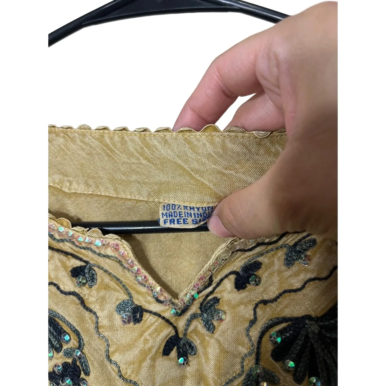 Beige Embroidered Long Sleeve‎ Pullover V Neck Bohemian Top Free Size Womens Tan - Image 7