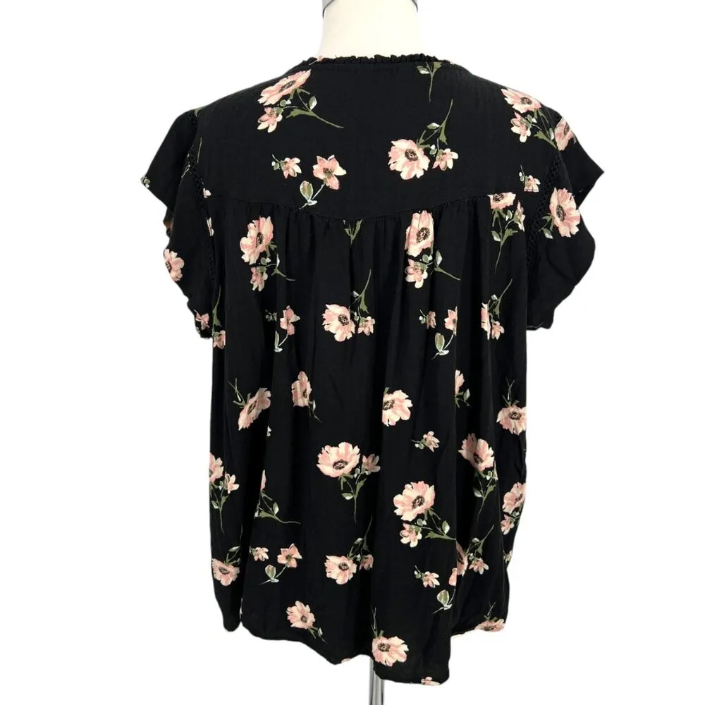 Buffalo David Bitton Floral Short Sleeve Blouse Black Pink Lightweight Size XL - Image 8