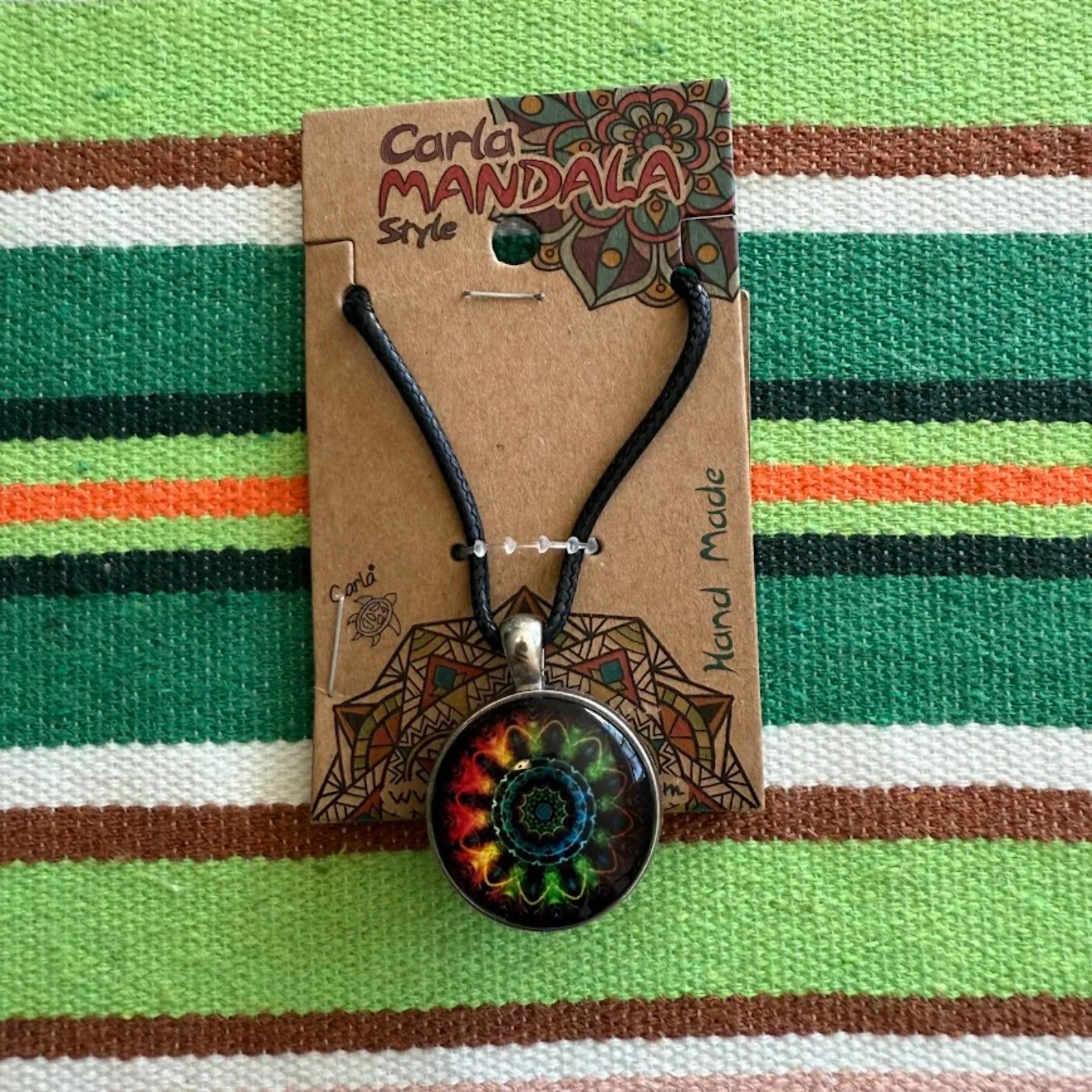 Carla Mandala Rainbow Glass Round Pendant Necklace in Black & Silver NWT - Image 2