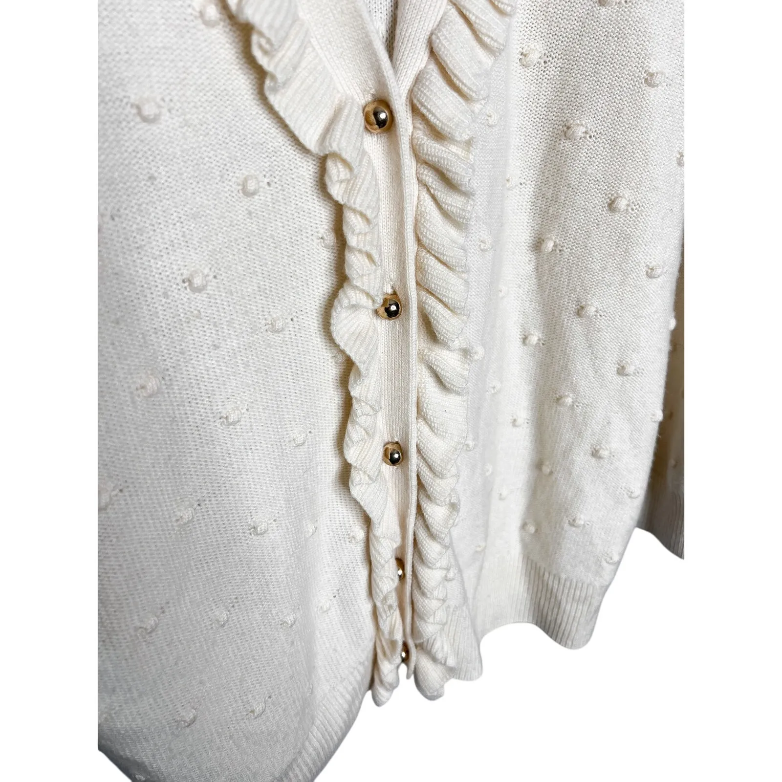 Kate Spade Wool Blend Ruffle Cardigan Sweater Cream Pom Bobble‎ Knit Small - Image 6
