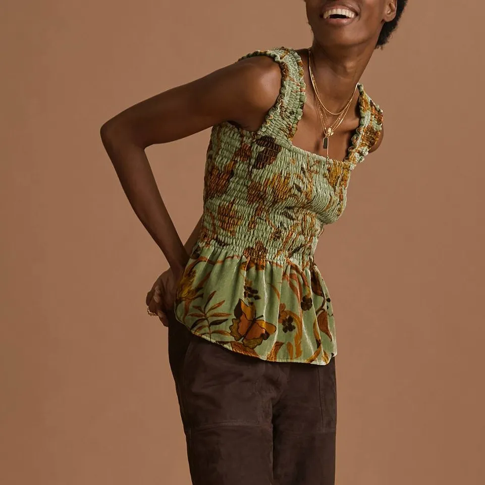 NEW Anthropologie Smocked Velvet Babydoll Top Womens XL Green Fall Foliage Print - Image 2