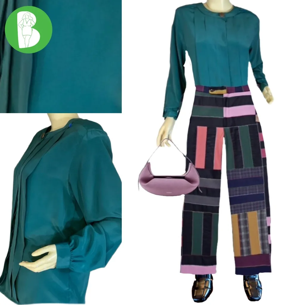 VINTAGE 1980'S LINDSEY BLAKE DARK TEAL PANEL PLEATED BUTTON DOWN BLOUSE (10) Green - Image 2