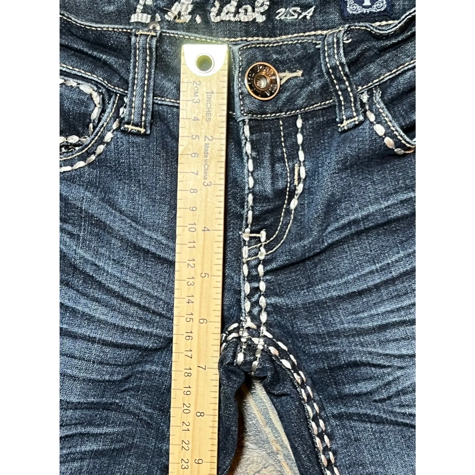LA Idol Jeans Womens Size 1 TALL Dark Wash Bling Low Rise Bootcut Denim Y2K Stud Blue - Image 9
