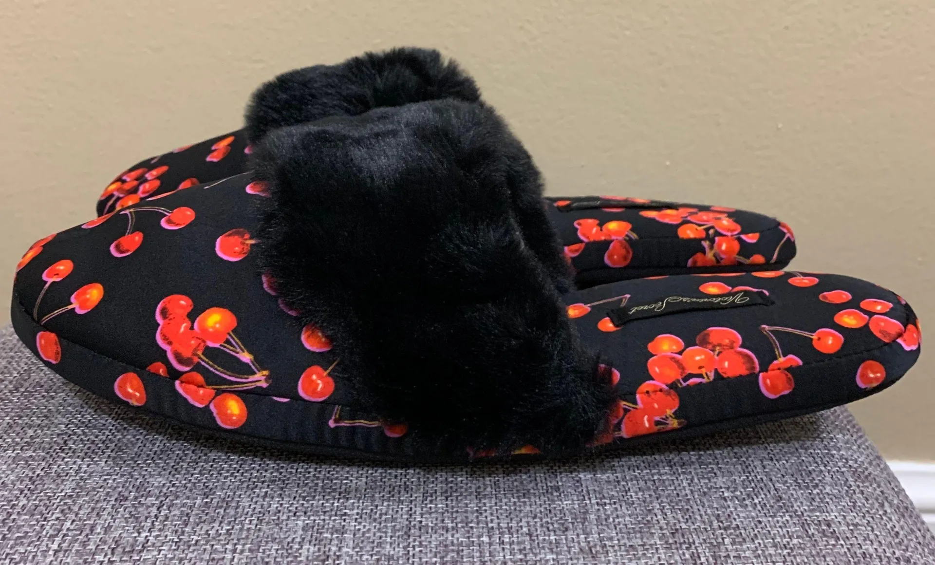 Black Red Cherry Satin Slippers Medium - Image 3