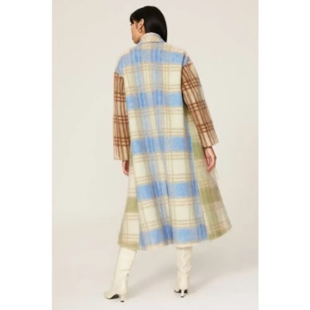 CINQ A SEPT Lita Fringe Plaid Green Off-White Wool Duster Coat Size Medium - Image 8