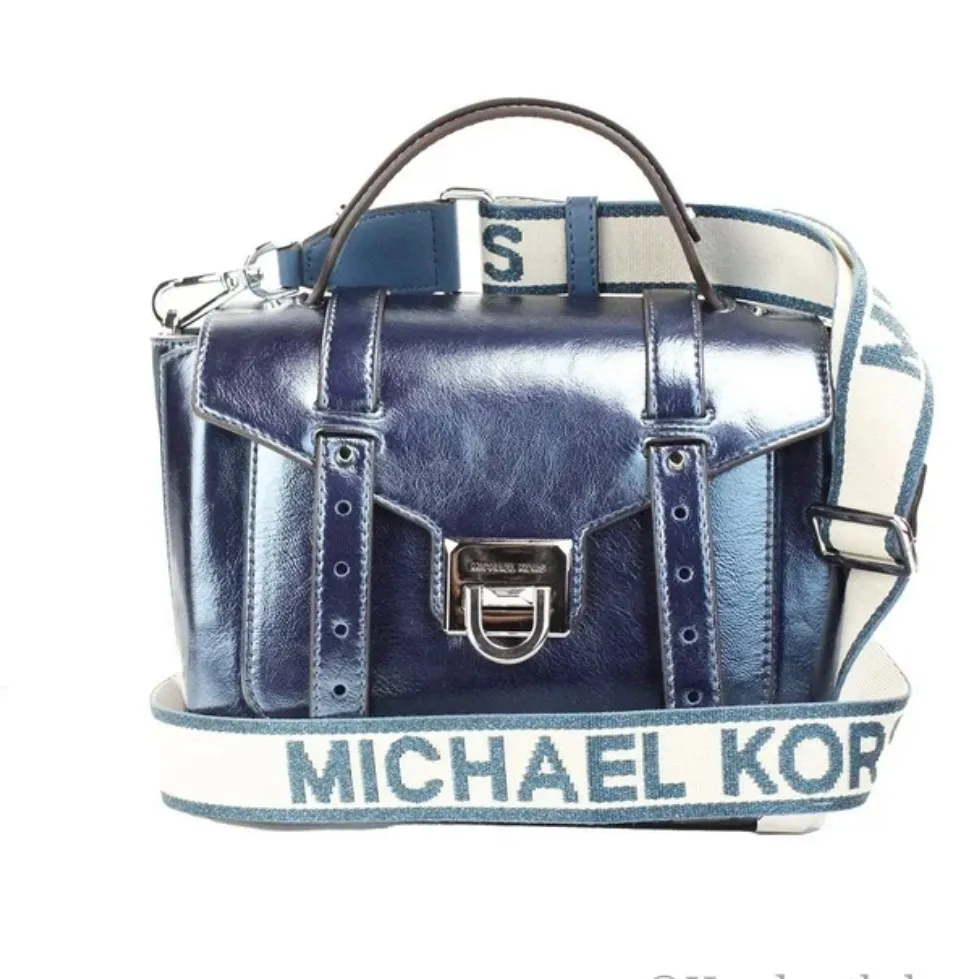 Michael Kors Manhattan Medium Top Handle School Satchel Bag, Metallic Leather Blue - Image 14