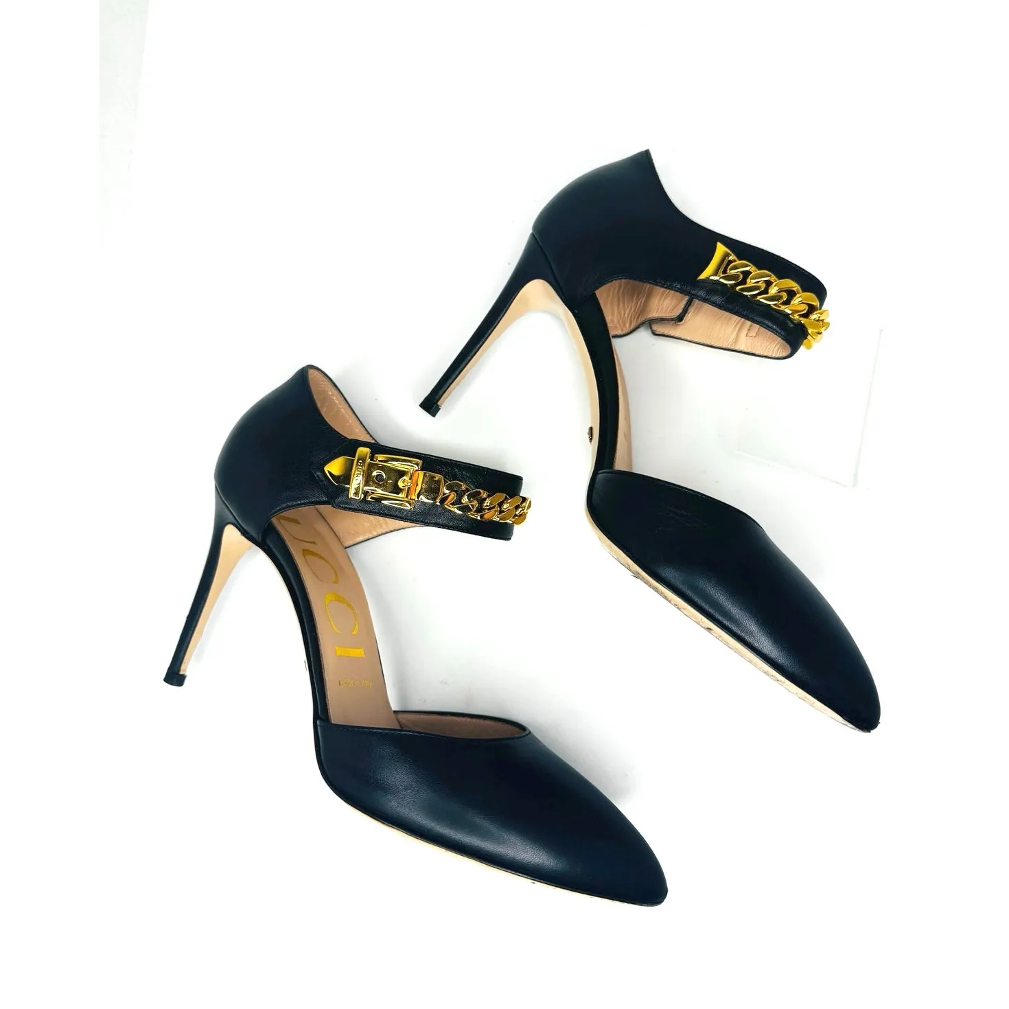 Gucci Black Malaga Kid Leather Sylvie Chain Pumps EU 38.5 Classic High Heel - Image 10