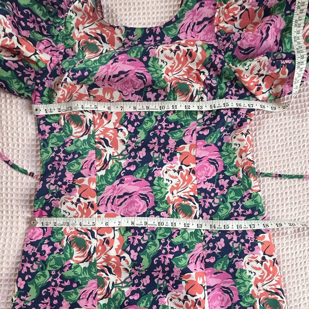 Melloday floral large puff sleeve round neck tie back mini dress pockets NWT XS - Image 7