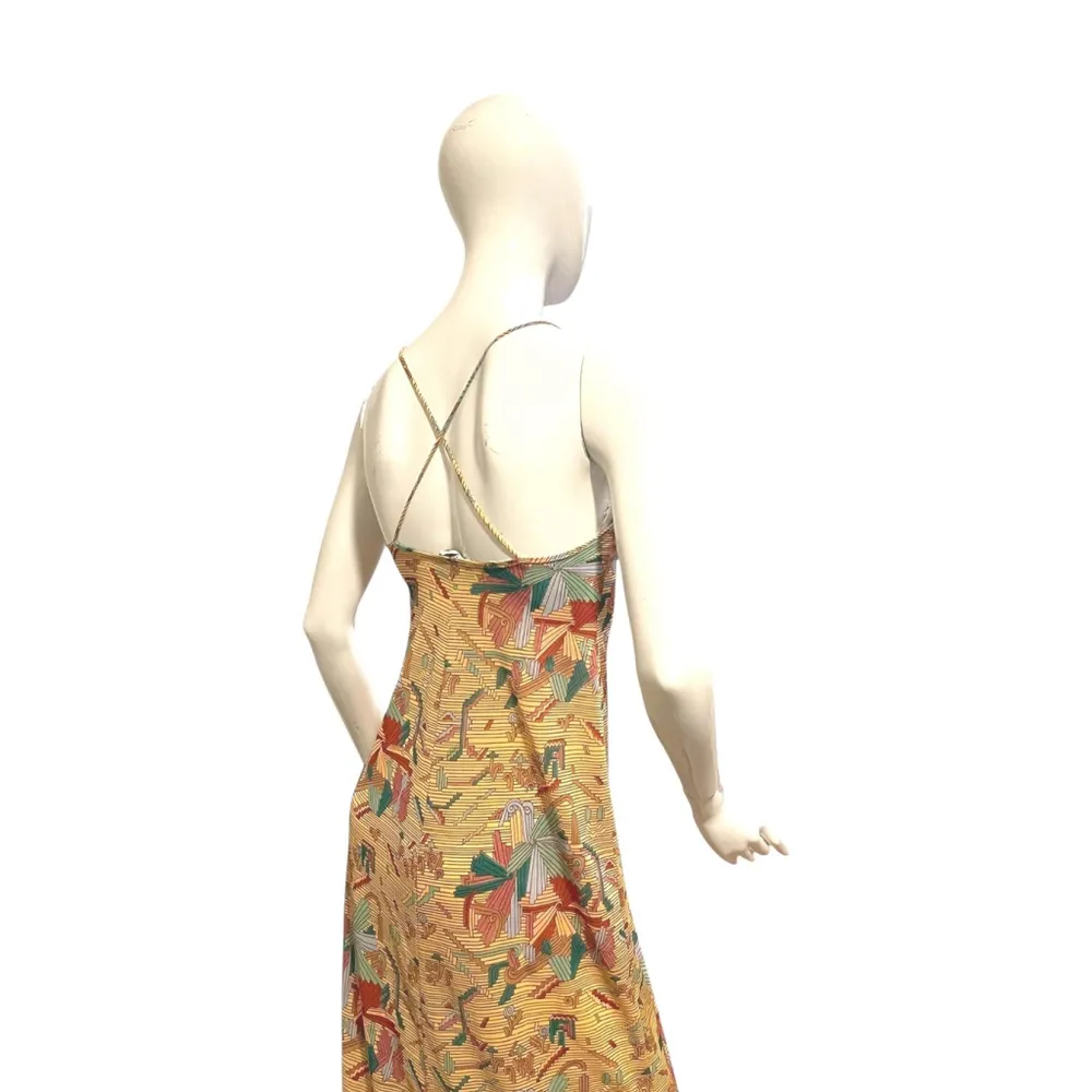 Vintage 1970s Huk A Poo Geometric Maxi Novelty Print Open Slit Dress XS Tan Size M - Image 6