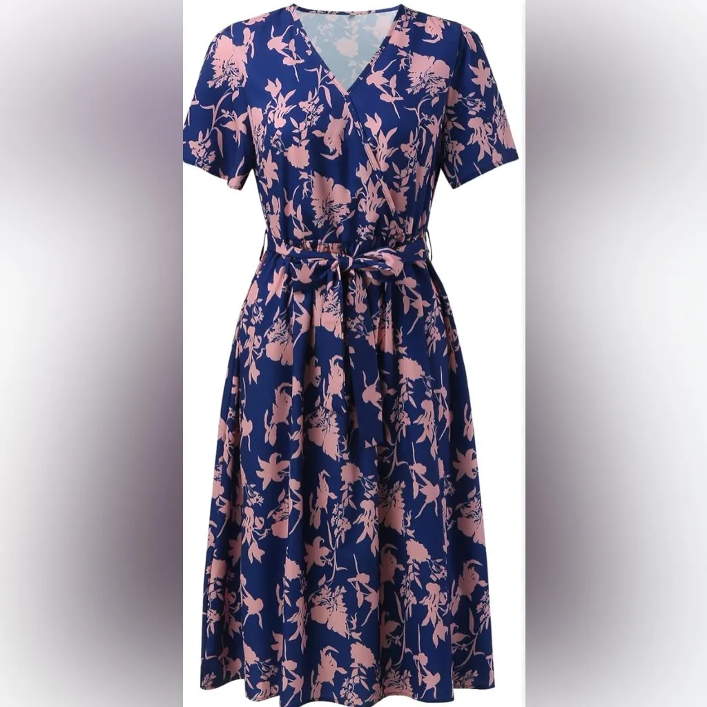 NEW Blue Floral Tie Waist Flowy Swing A Line V Neck Midi Dress M Size M - Image 2