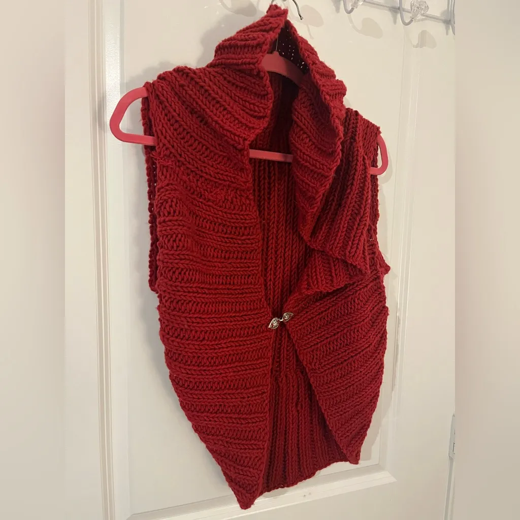 Chunky Knit Red Shawl Collar Cardigan Handmade Look Cozy Sleeveless Sweater Vest - Image 11