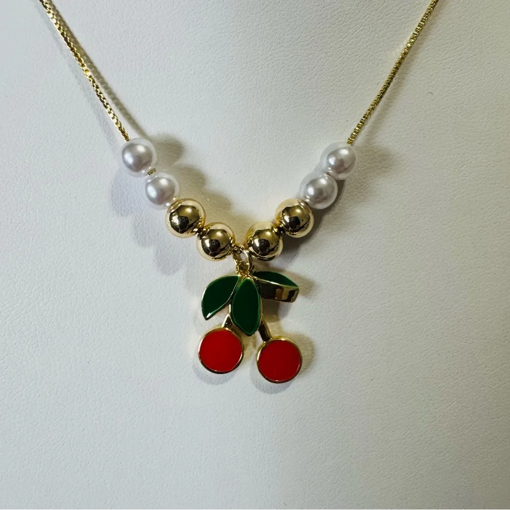 Women Cherry Red Adjustable Necklace and Earring Set - Image 2