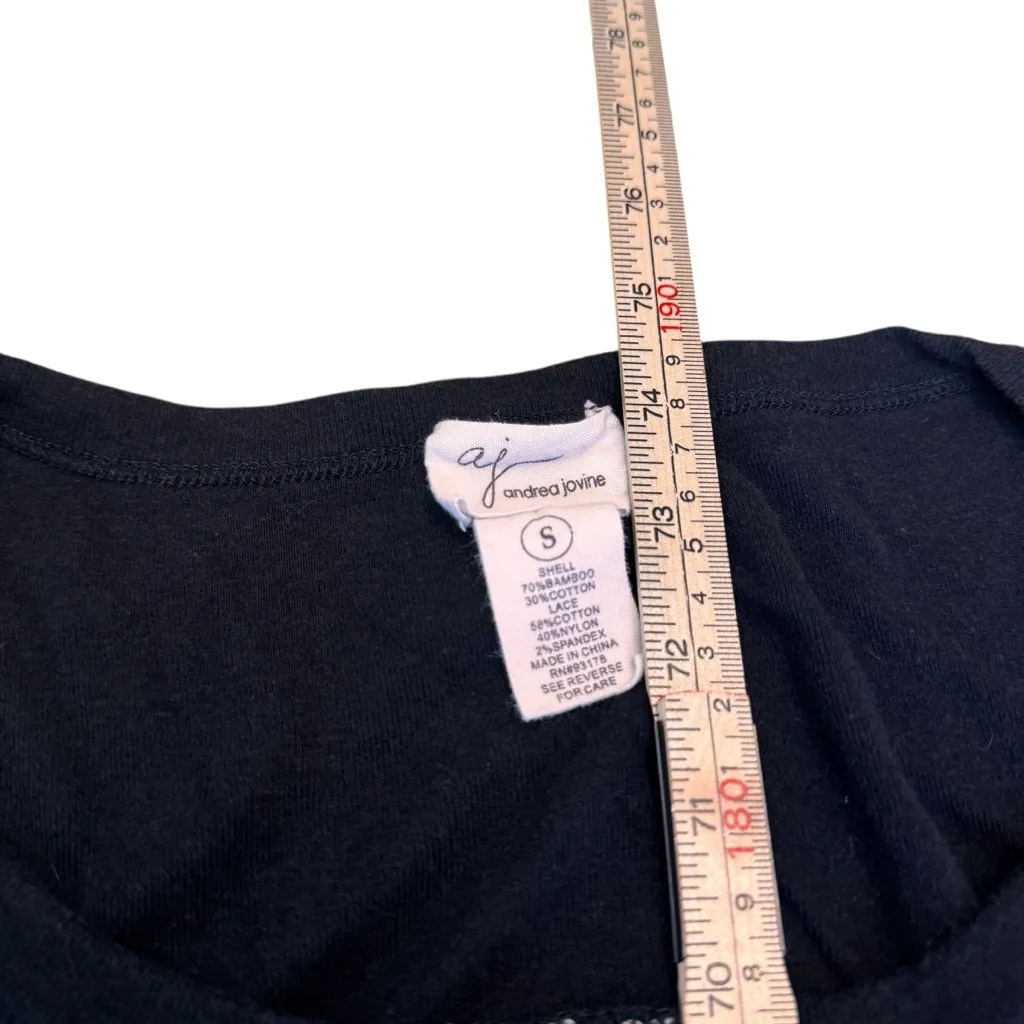 Andrea Jovine Black Long Sleeve Henley Top Contrast White Rose Lace Panels Sz S - Image 7